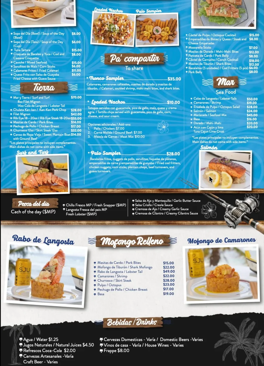 Un menu impreso de Palo Restaurant en Jobos, diagramado en espanol e ingles con fotografias de cada plato. Entre las lineas legibles estan Sopa del Dia / Soup of the Day $8.00, Ceviche / Mixed Seafood $15.00, Calamares Fritos / Fried Calamari $11.00, Coctel de Pulpo / Octopus Cocktail $15.00, Masitas de Dorado / Mahi-Mahi Bites $12.00, y una seccion titulada Pa' compartir, To share.