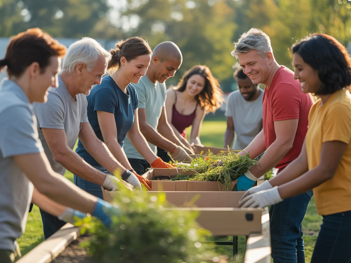 Community volunteers working together at an outdoor charity event